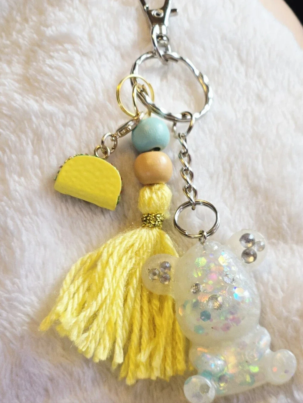 Yellow Tassel Keychain with Glitter Bear and Taco Charm